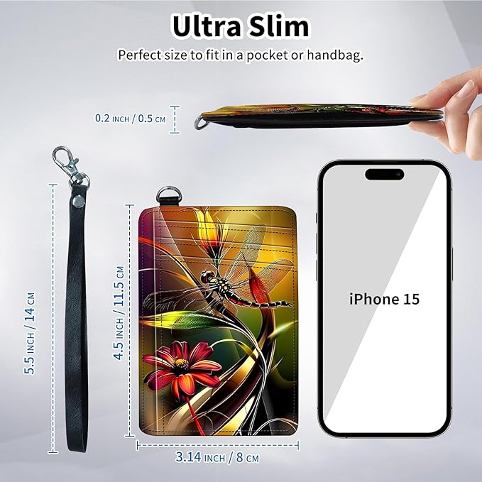 Slim Minimalist Front Pocket Wallet,Credit Card Holder Wallet for Women Men,RFID Blocking Credit Card Holder Case Leather Cute Small Thin Wallet ID Window&Wrist Strap,Dragonfly Plant