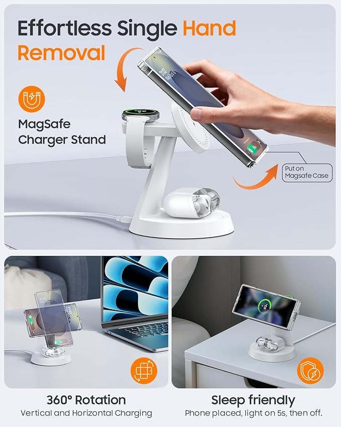 Magnetic Wireless Charger for Samsung, 3 in 1 Charging Station Compatible with MagSafe Charger for Samsung Galaxy S26 Ultra Z Fold7/Flip7, Watch Charger Stand for Galaxy Watch Ultra 8, for buds, White