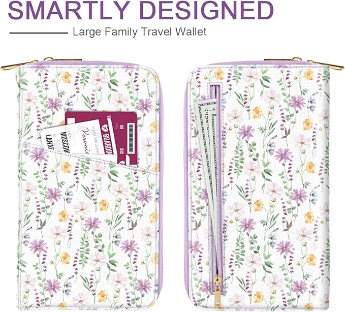 Family Passport Holder Wallet RFID Blocking Document Organizer PU Leather Mulit-purpose Travel Wallet Credit Cards Case for Women Men, White Daisy