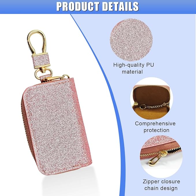 Bling Car Key Case, Leather Keyring Zipper Bag with Metal Hook, Remote Key Fob Cover, Auto Keychain Holder (Rose Gold)