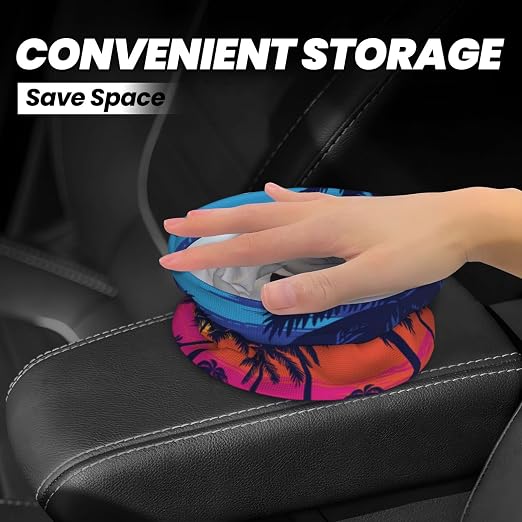 Car Garbage Bag Blue Palm Trees at Sunset Mini Car Trash Bin Portable Collapsible Waterproof Rubbish Bag for Car Accessories Back Front Seat Cup Holder