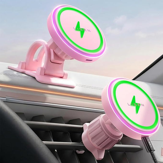 LISEN 15W MagSafe Car Mount Charger,[Light Pink] Magnetic Wireless Car Charger, Dashboard & Air Vent Car Phone Mounts, Car Phone Holder for iPhone 17-12, Samsung, Pixel, Cute Car Accessories for Women | [Light Pink & Purple LED light] Magsafe Car Mount...