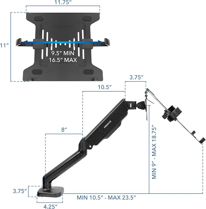 Mount-It! Laptop Desk Mount Arm with Gas Spring, Height Adjustable Laptop Stand for Desk, Fits Laptops up to 17 Inch, Full Motion Laptop Tray Mount with Clamp or Grommet Installation
