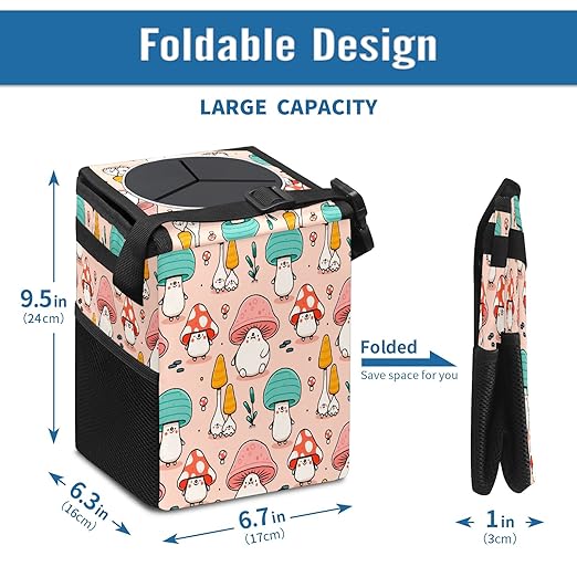 Car Trash Can Cute Mushroom Wate-rproof Auto Garbage Bag Car Trash Can with Lid Leak-Proof Car Storage Bag Hanging for Headrest Collapsible and Portable with Storage Mesh Pocket