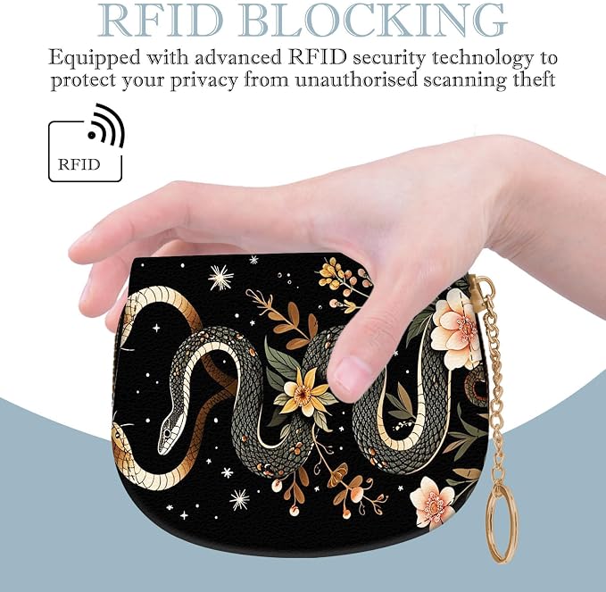 Women's Slim RFID Wallet – Compact Leather Card Holder Wallet for Women, 9 Card Slots RFID Blocking Credit Card Organizer, Small Travel Wallet - Aesthetic Snake Floral
