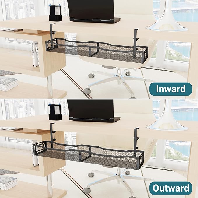 Cable Management Under Desk, 25.3'' No Drill Desk Cable Management Tray with Clamp, Metal Cord Organizer for Standing Desk, Computer Wire Management for Home Office & Gaming Setup, Black