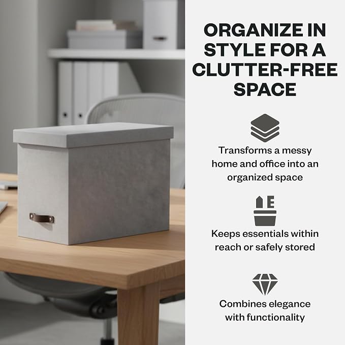 Bigso John Desktop File Box - Storage Solution and Document Organizer for Important Paperwork - Durable Hanging File Box with a Lid and Leather Handle - 7.36 in x 13.26 in x 10.51 in - Ash
