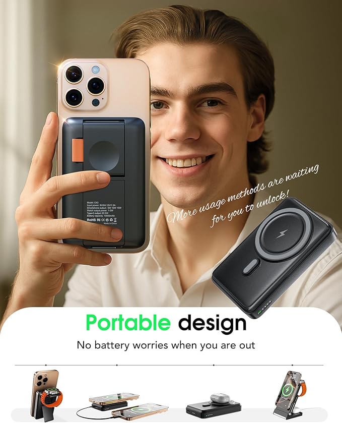 Magnetic Power Bank with MagSafe, 10000mAh Portable Battery Pack for iPhone 17, 5 in 1 Foldable Charging Station with iWatch Charger for i Phone 17/16/15/14&AirPods, Wireless Travel Gift for Men&Women