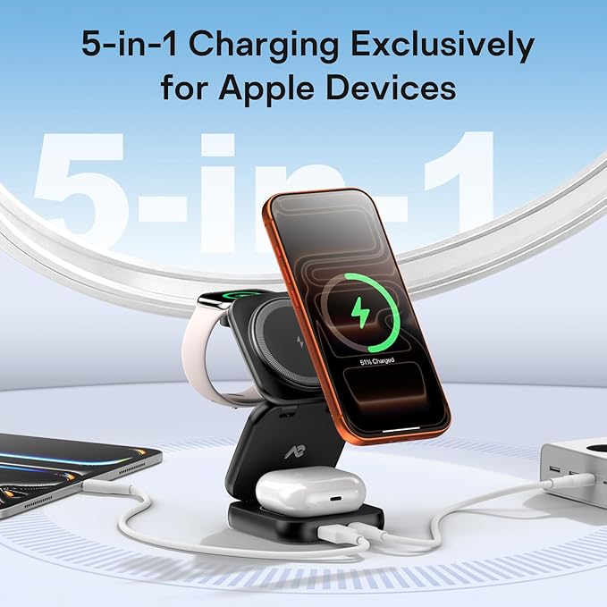 5-in-1 Wireless Charger for MagSafe, AC ISLAND Portable Travel Charging Station, 35W Max Fast Foldable Magnetic Stand, Evolved for iPhone 17-12 & Air Series, Apple Watch, AirPods (with 35W Adapter)