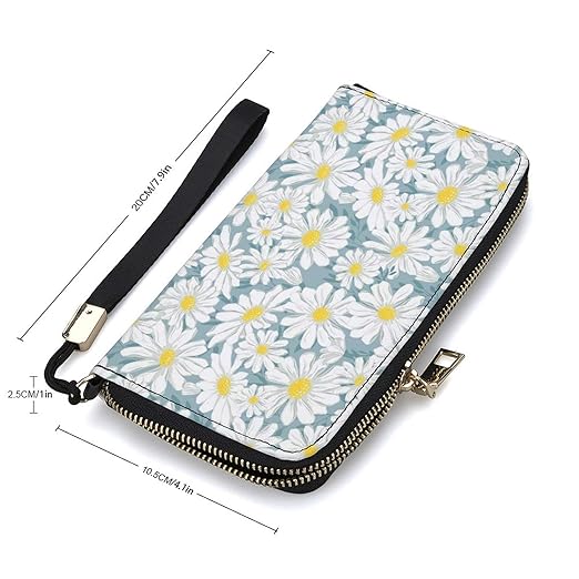 Unisex Zip Around Wallet for Adults Teens Blooming Chamomile White Coin Pouch Cash Pocket PU Leather Wallets Card Holder Organizer Designer Purse with Wristlet Strap