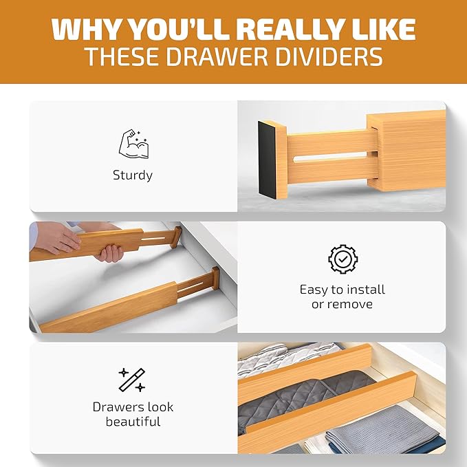 4-Pack Bamboo Drawer Dividers - 2.6 Inches High, Adjustable 12 to 17 Inches Expandable Drawer Organizer Dresser Separator for Clothes, Utensils, Bedroom, Bathroom, Kitchen, Office Storage Organization