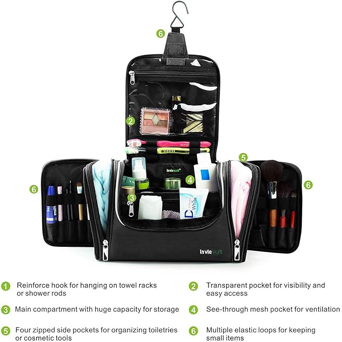 LAVIEVERT Toiletry Bag/Makeup Organizer/Cosmetic Bag/Portable Travel Kit Organizer/Household Storage Pack/Bathroom Storage with Hanging for Business, Vacation, Household - Black