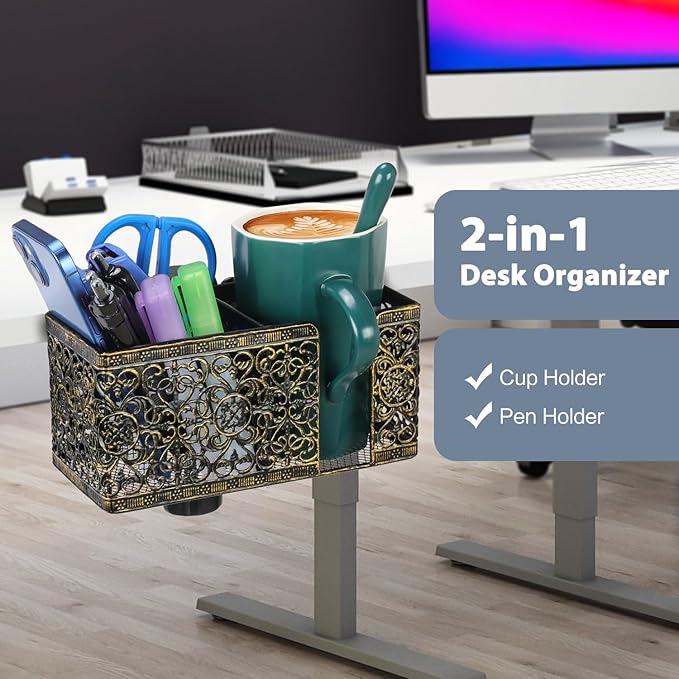 Desk Organizer Clip on Desk Cup Holder Pencil Holder for Desk Storage Beverages Phone Holder Desk Organizer and Accessories Office School Home
