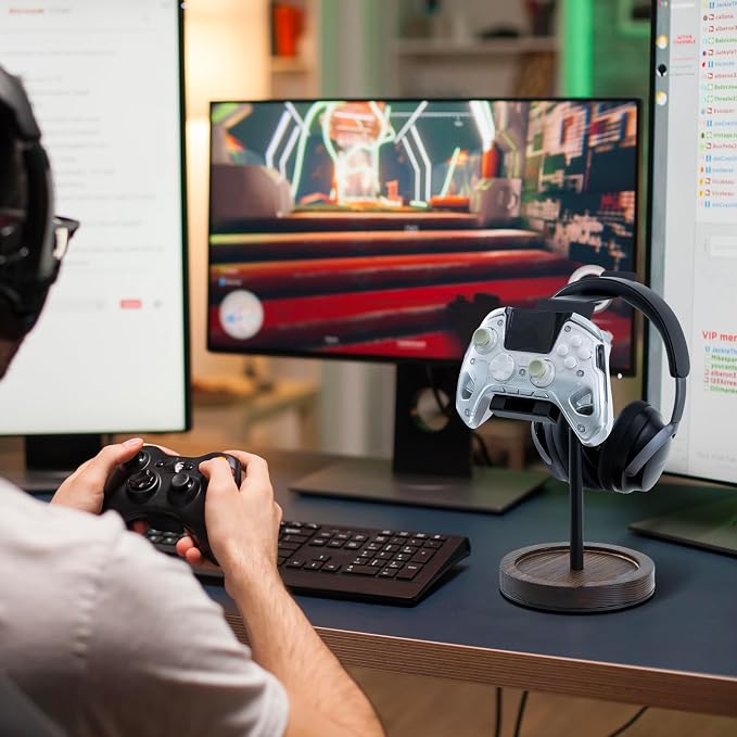 MyGift Industrial Matte Black Metal Headphone Stand with Adjustable Height and Burnt Wood Tray – Desktop Headset Holder for Office, Gaming, or Studio Setup