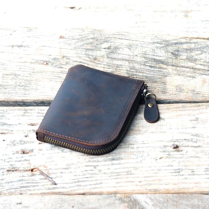 JJNUSA Genuine Leather Zipper Coin Purse Wallet With Key Car Smart Holder, Change Purse, Coin Pouch Holder For Men (Darkbrown)