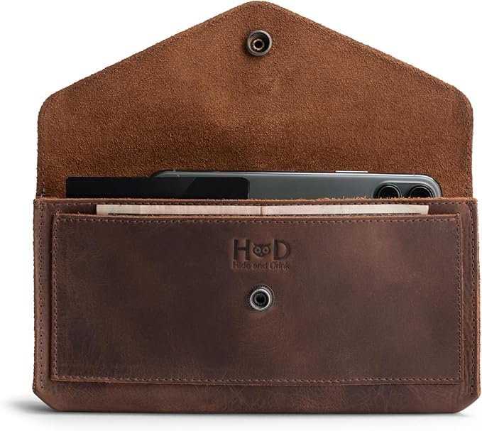 Hide & Drink, Full Grain Leather Large Female Wallet, Travel Organizer for Women, Vintage Money and Card Holder, Handmade, Bourbon Brown