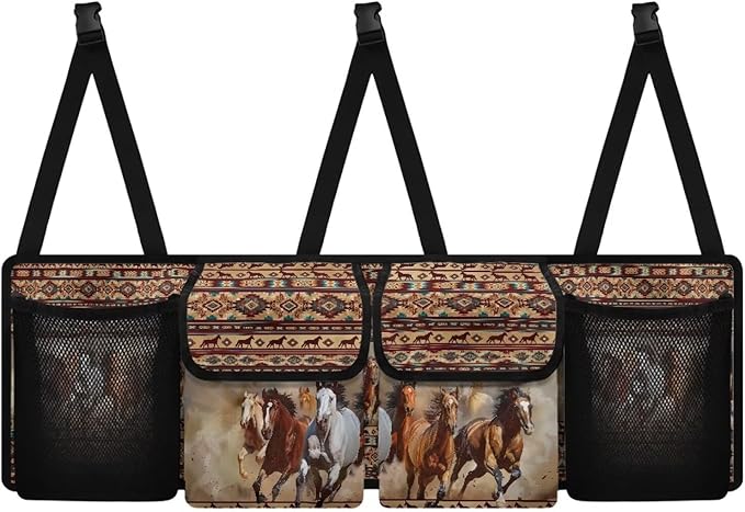 Aztec Tribe Car Trunk Organizer,Backseat Hanging Organizer with 4 Large Storage Bag Super Capacity,Horse Brown Waterproof Trunk Storage Bag for SUV Not Easy to Fade Machine Washable