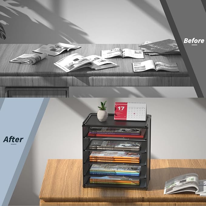 Samstar 2 Pack Paper Letter Tray, Mesh Desk File Organizer with 5 Tier Shelf and Sorter, Black