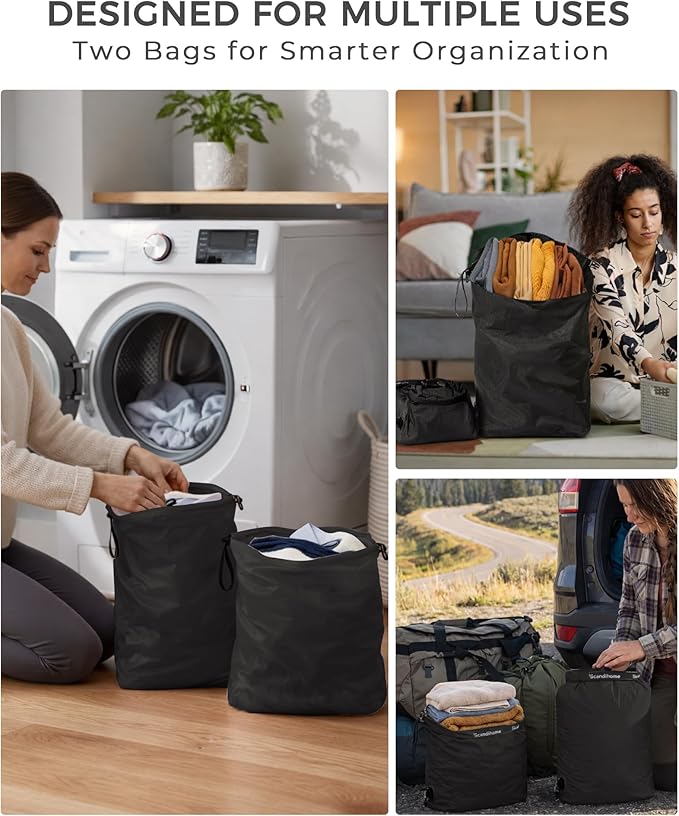 Travel Laundry Bag, Pump-Free Vacuum Compression Dirty Clothes Bag, Reusable Waterproof & Washable Laundry Bag, Wet and Dry Bag, Ideal for Suitcases, Road Trip Essentials (2 Pcs, M+M) Black