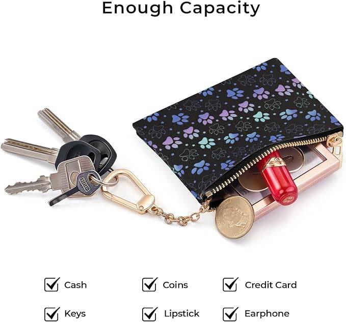 Dog Paw Cute Keychain Coin Purse for Women, Small PU Leather Change Pouch, Zipper Little Travel Credit Card Wallet for Girls, Tiny Zip Pocket Coin Holder with Key Ring for Ladies Gifts