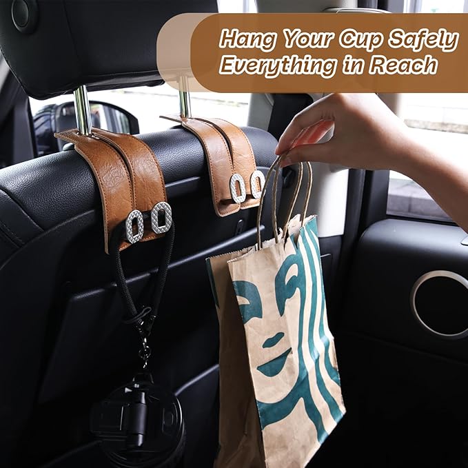 Car Headrest Hooks Universal Car Purse Hook Premium Leather and Alloy Twin Hook Car Seat Back Storage Hanger Hook for Purse Bags Cloth Drink Durable Holder Car Accessories (BH09-Brown-Silver)