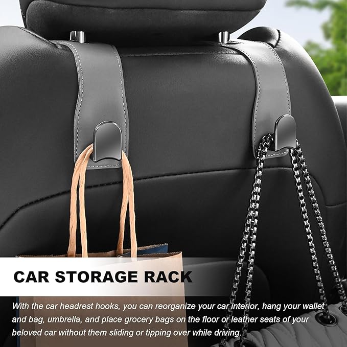 JNXIIJ 2 PCS Car Seat Headrest Hooks, Multifunctional Auto Purse Hanger Storage Organizer, Universal Vehicle Leather Seat Backrest Hooks for Hanging Umbrellas Handbags Clothes (Beige)