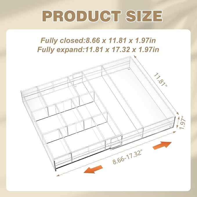 Briwooody 2 Pcs Acrylic Desk Drawer Organizer Maximum 11.8 x 17 x 1.9 Inch Expandable Drawer Organizer Trays with 7 Adjustable Compartments Desk Accessories for Makeup Silverware Office Bathroom