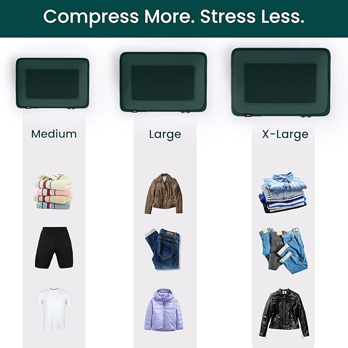 NOBL Travel Compressible Packing Cubes Set, 6 Pieces Travel Packing Organizers, Compression Luggage Cubes for Suitcases & Carry On, Space Saving (XXS, XS, S, M, L, XL) - Forest Green