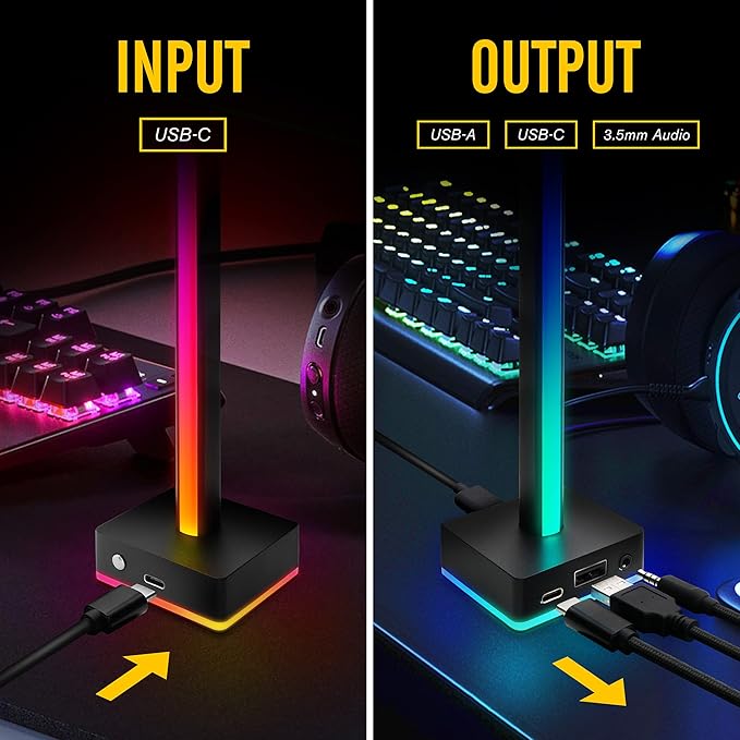 EZDIY-FAB USB LED Light Bar Headphones Stand, Desktop Atmosphere RGB Backlight,50 Built-in Color modes, Headphone Holder for Gamers Gaming PC Accessories Desk- Black- 1 Pack