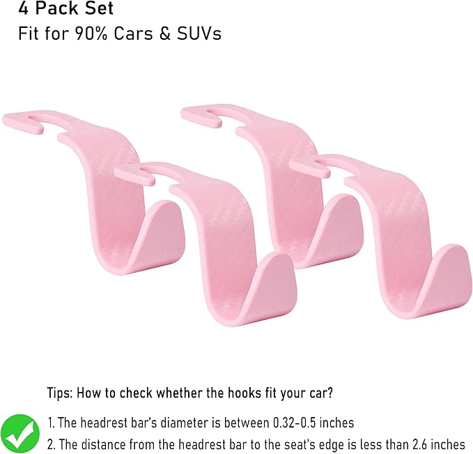 Car Seat Headrest Hook Universal Vehicle Seat Hook Hangers Interior Storage Organizer for Purse Handbag Coats Umbrellas Grocery Bags 4 Pack Pink