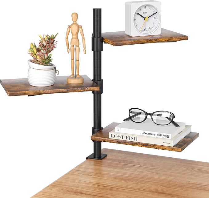 Clamp On Desk Shelf 3-Tier, Adjustable Height Wood Shelving Unit for Office Desk Gaming Accessories, 360° Rotatable Storage Tray, Desktop Book Organizer Storage Rack, Shelf for Top of Desk