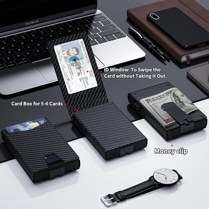 Wallet for Men, Gift Boxed Slim Minimalist Wallet for Men with Money Clip and Genuine Leather Slots RFID Blocking Pop Up Metal Aluminum Smart Wallet Card Case (Carbon Fibre Black)