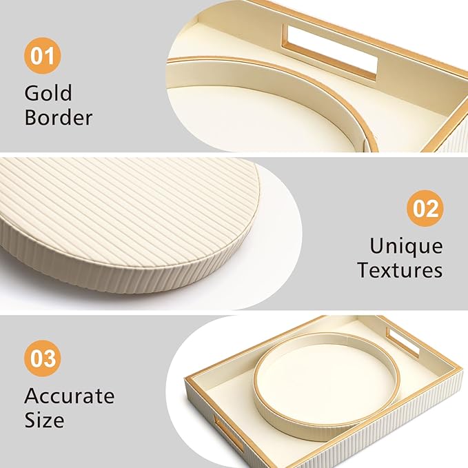 SANZIE Leather Tray Desktop Storage Organizer Premium Serving Tray Decorative Tray Valet Tray for Sundries Cosmetics Phone Wallet Cutlery, Circle + Rectangular, White