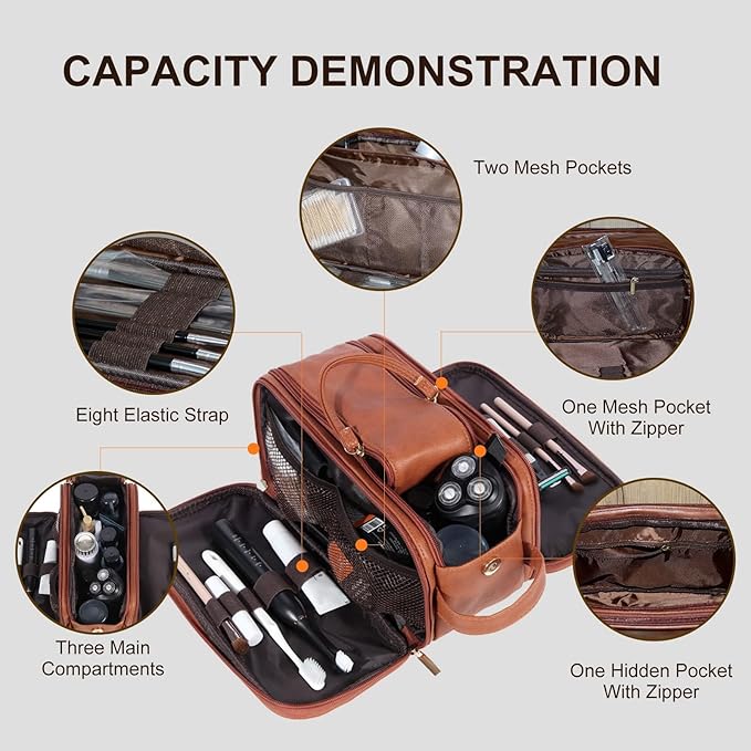 Personalized Leather Toiletry Bag for Men, Large Capacity Toiletry Travel Bag, PU Leather Waterproof Shaving Bag, Travel Essentials Customized Gifts for Husband, Groomsmen, Father's Day