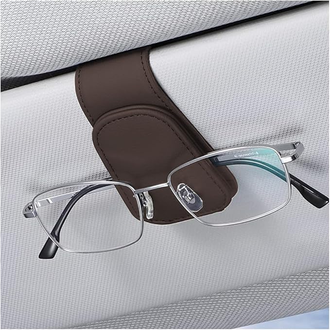 zipelo Sunglasses Holder for Car Sun Visor, Vehicle Magnetic Leather Eyeglass Hanger, Sun Glasses Mount Clip on Visors, Ticket Card Cash Organizer, Auto Interior Accessories (Brown, 1 PCS)