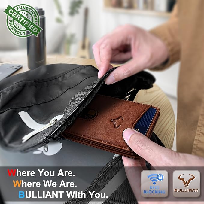 BULLIANT Men Wallet, Slim Leather Wallet Front Pocket Card Holder Gift For Men 11 Slots RFID Blocking