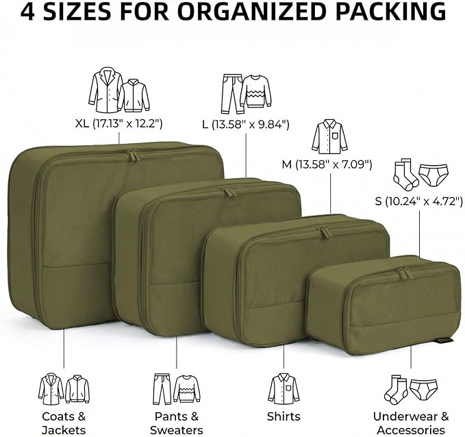 4 Piece Compression Packing Cubes for 3–7 Day Travel, Space Saving Travel Organizers with Breathable Mesh, Double-Zipper Packing Cubes for Carry-On & Suitcases (Green)