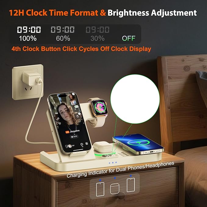 Dual Phone Magnetic Wireless Charging Station for Apple Devices/Apple Ecosystem, 7-Color Auto Light & 12H Clock, Multi-Device Charger for iPhone 17/16/15, for iWatch 11/10/9 & AirPods Pro3(White