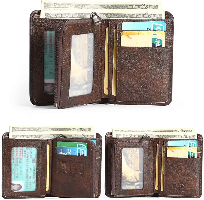 MANBANG Mens Wallet Zipper Genuine Leather RFID Card Holders Cowhide Zip Coin Pocket Bifold wallets for men