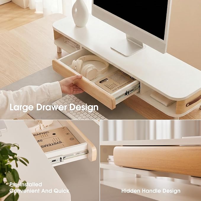 Fenge Monitor Stand with Large Drawer, 42.5 Inch Dual Monitor Riser for 2 Monitors, Ergonomic Computer Desk Shelf with Soft Touch Leather & Storage Organizer for Laptop, Computer, TV, PC, Printers