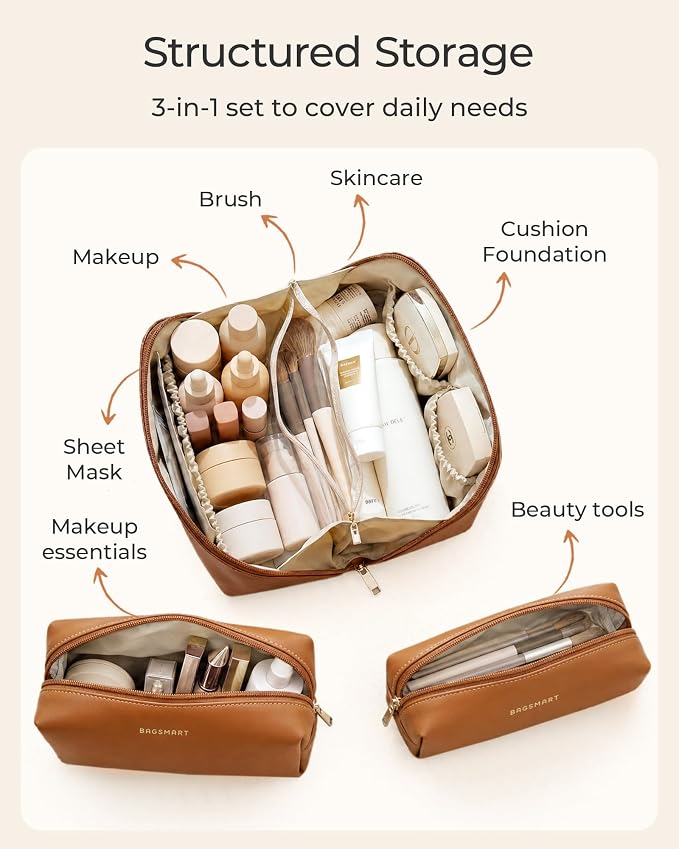 BAGSMART Makeup Bag Travel 3 Pcs Set Cosmetic Bag, Large Make Up Bag Flat Open Toiletry Bag for Women, PU Leather Travel Essentials Organizer Case, Wide-open Pouch for Skincare, Brushes, Black