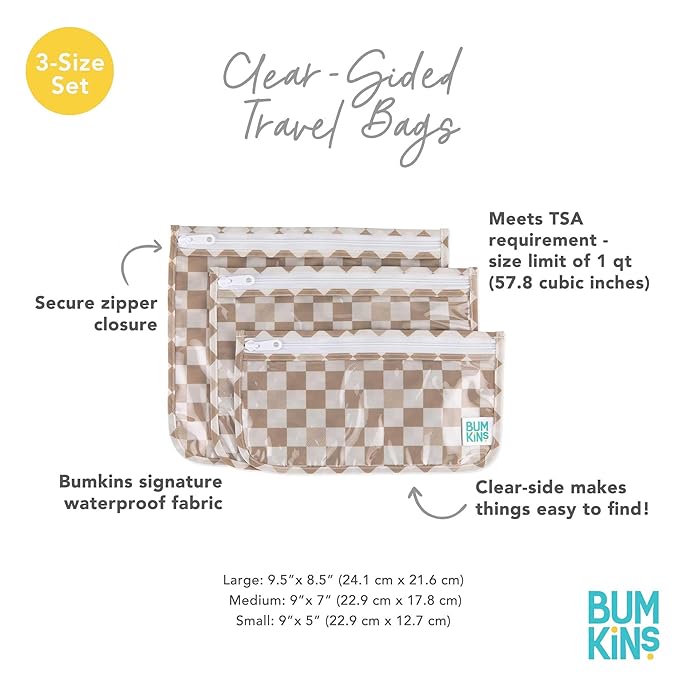 Bumkins Roamio Travel Bag, Toiletry, TSA Approved Pouch, Zip Quart Size Airline Compliant, Clear-Sided, Baby, Diaper Organization, Makeup, Accessories, Packing, Set of 3 Sizes, Beige Check