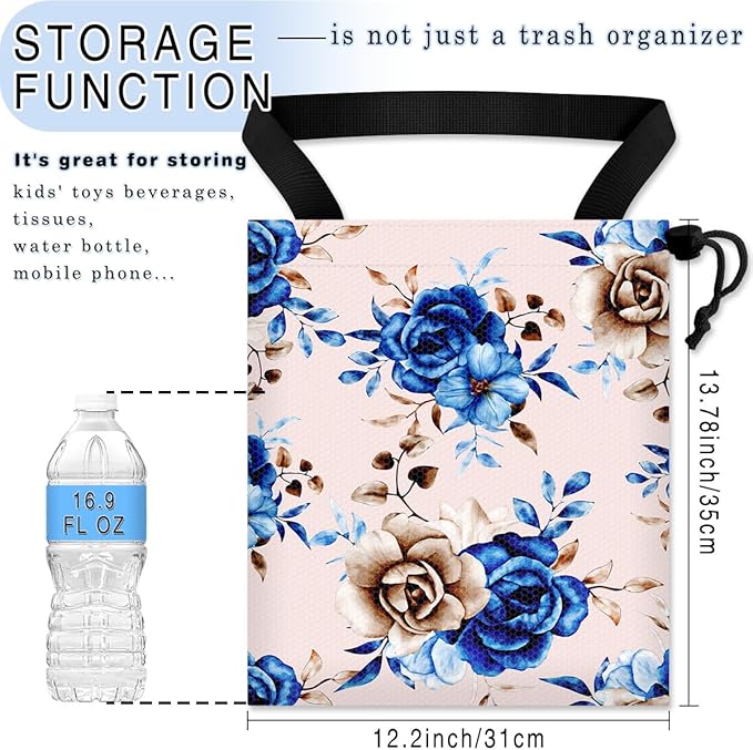 Car Trash Bag Hanging Back of Seat Waterproof Small Cute Printed One-Handed Strap Drawstring Garbage Bags for Car-Blue Rose