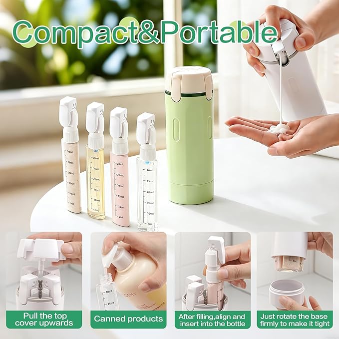 4 in 1 Travel Dispenser Bottle for Flying Essentials Camping Toiletries Pump Leak Proof Size Portable Containers for Shampoo Lotion Creams Body Wash Conditioner Refillable Attached Label (White)