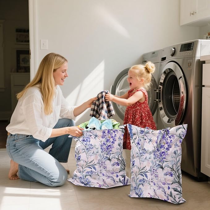 Travel Laundry Bags 2 PC Wet Dry Bag with Handle Dirty Clothes Organizer for Swimsuits Beach Camping Waterproof Washable Lavender and Silver Leaf Pink