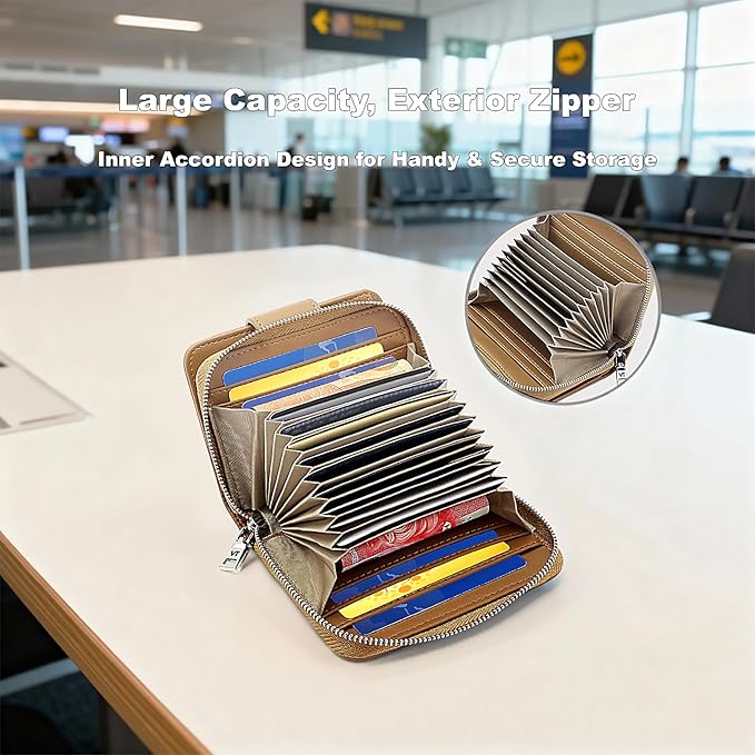 Credit Card Wallets for Women, Leather Cardholder with Zipper Around, Small Rfid Ladies Wallet, Accordion Compact Bifold Purse for Travel, 19 Card Slots, ID Window, Cash Organizer - Apricot