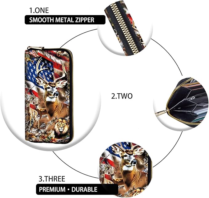 Women's RFID Blocking Zip Around Wallet with Detachable Wrist Strap, Large Capacity Credit Card Holder Organizer for Everyday Use,Deer Tree Forest American Flag