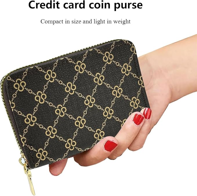 Ladies change card bag, zip storage bank card case, small portable 11 large capacity pouch, holds banknote change credit card (Brown grid)