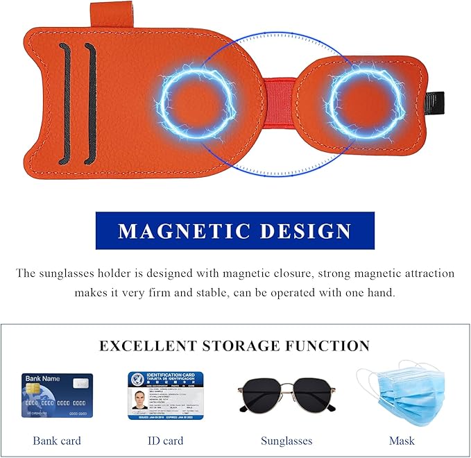 Sunglasses Holder for Car Visor, Magnetic Auto Sun Visor Organizer with Ticket & Pen Clip, Multi-Pocket Leather Eyeglass Clip Interior Accessories for Most Vehicles (Orange)
