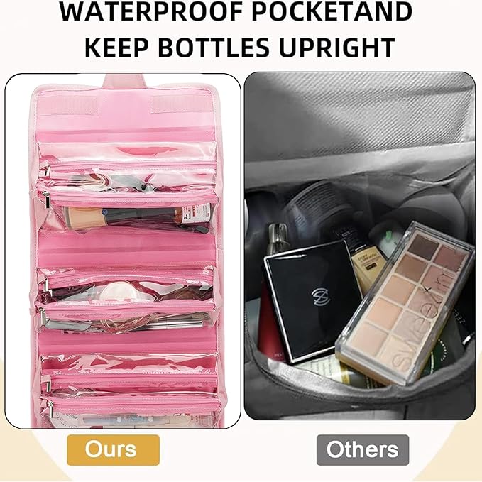 ROYALFAIR Roll Up Makeup Bag, Travel Toiletry Bag for Women with 4 Clear TSA Approved Pouches, Hanging Travel Organizer, Folding Cosmetic Bag for Men and Women